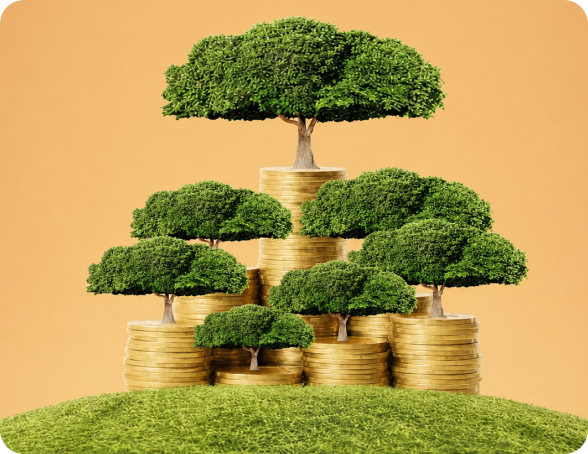 Illustration of coin stacks growing into trees, representing financial wellness